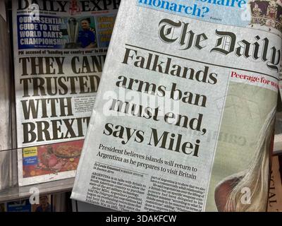 Ein britischer Zeitungsbericht Argentiniens Präsident bereitet sich darauf vor, Gespräche mit Großbritannien zu führen, um das Waffenverbot zu beenden Stockfoto