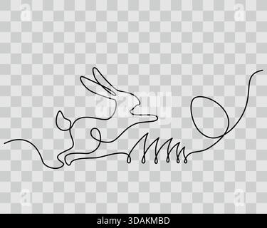 Osterhase, der auf dem Rasen springt, und Ostereier eine durchgehende Linie, minimalistisches Design für Osterferien. Isolierte Vektor-Illustration Grüße Thematische Karten laden Promo Banner, Flugblätter, Medienposten ein Stock Vektor