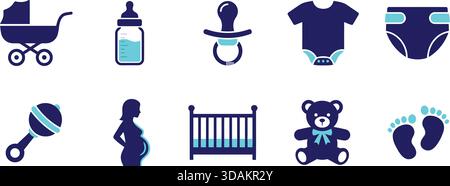 Sammlung von essentiellen blauen und zyanblauen Vektorsymbolen für die Babypflege, einschließlich Kinderwagen, Flasche, Schnuller und Kinderbett. Ideal für kommerzielle Anwendungen. Stock Vektor