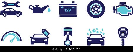 Flache Vektorsymbole, die wichtige Reparatur- und Wartungsdienstleistungen in der Automobilindustrie darstellen, einschließlich Auto-, Öl-, Batterie- und Motorsymbole. Perfekt für Fahrzeuge Stock Vektor