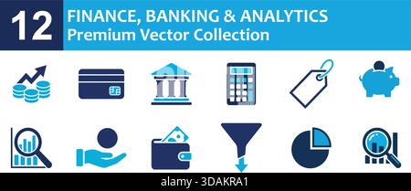 Ein umfassendes Set von zwölf blauen Vektorsymbolen für Finanz- und Bankwesen mit wichtigen Symbolen für Geschäftsanalysen, Finanzinvestitionen und Geld Stock Vektor