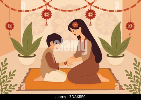 Happy Raksha Bandhan Schwester Bindet Rakhi Armband Bruder. Stock Vektor