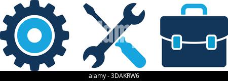 Bunte Symbole einer Ausrüstung, gekreuzte Werkzeuge und eine Aktentasche auf weißem Hintergrund. Perfekt für Themen wie Reparatur, Geschäft und Industrie. Stock Vektor