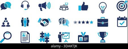 Eine erstklassige Sammlung von flachen Symbolen, die für Personal, Kundensupport und Zusammenarbeit im Unternehmen stehen. Dieses isolierte blaue und schwarze g Stock Vektor