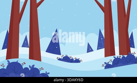 Flache Illustration der Winterwaldlandschaft mit stilisierten Büschen, Bäumen und schneebedeckten Hügeln, die für Weihnachtsmotive, Banner und Weihnachtsveranstaltungen geeignet sind. Stock Vektor