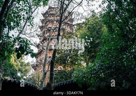 Suzhou, China - 16. März 2025 : Außenansicht der Beisi-Pagode des Nordtempels mit Blumen Stockfoto