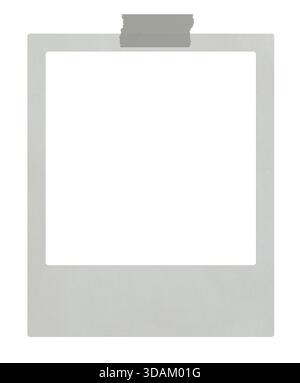 Leeres Instant-Film-Fotorahmen-Modell mit beigefarbenem Band isoliert auf weißem Hintergrund. Leeres Modell mit quadratischem Retro-Rand. Kreatives Design Stockfoto