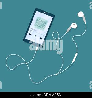 Hörbuch-Player auf dem Bildschirm des Mobiltelefons. Smartphone-Anwendung zum Lesen von E-Books. Vektor-Illustration in flachem Cartoon-Stil. Stock Vektor