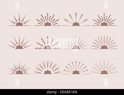 Abstrakte handgezeichnete Halbsonne, Sternenaufbruch, Sonnenaufgang, Sonnenuntergang Symbole. Groovige Retro-Sonnenstrahlen Vektor-Illustrationen, Glitzer-Effekt. Stock Vektor