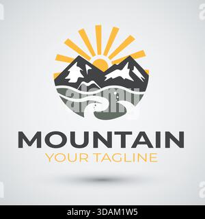 Vintage-Logo in Bergfelsenlandschaft mit Trekking- und Sonnenuntergang- oder Sonnenaufgangsgrafik Stock Vektor