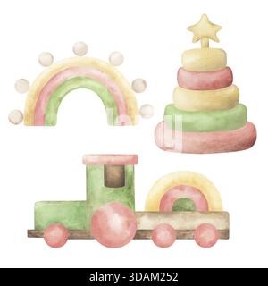 Kinderspielzeug aus Holz mit Pyramide, Dampflokomotive und Regenbogen. Handgemalte Aquarellillustration von umweltfreundlichem Spielzeug für Stockfoto