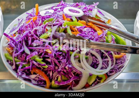 Ein lebendiger und farbenfroher Krautsalat mit gehacktem Rotkohl, in Scheiben geschnittenen Paprika und Zwiebelringen, fertig zum Servieren mit Zangen Stockfoto