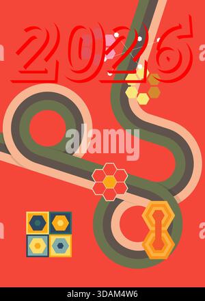 Retro 70s Hintergrund mit 2026. Groovy Holiday 1970s Kunstvorlage. Minimalistisches Poster im Vintage-Design. Altmodische Farbvorlagen. Stock Vektor
