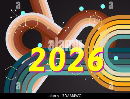 Retro 70s Hintergrund mit 2026. Groovy Holiday 1970s Kunstvorlage. Minimalistisches Poster im Vintage-Design. Altmodische Farbvorlagen. Stock Vektor