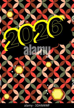 Retro 70s Hintergrund mit 2026. Groovy Holiday 1970s Kunstvorlage. Minimalistisches Poster im Vintage-Design. Altmodische Farbvorlagen. Stock Vektor