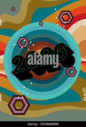Retro 70s Hintergrund mit 2026. Groovy Holiday 1970s Kunstvorlage. Minimalistisches Poster im Vintage-Design. Altmodische Farbvorlagen. Stock Vektor