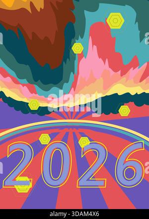 Retro 70s Hintergrund mit 2026. Groovy Holiday 1970s Kunstvorlage. Minimalistisches Poster im Vintage-Design. Altmodische Farbvorlagen. Stock Vektor