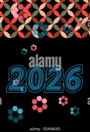 Retro 70s Hintergrund mit 2026. Groovy Holiday 1970s Kunstvorlage. Minimalistisches Poster im Vintage-Design. Altmodische Farbvorlagen. Stock Vektor