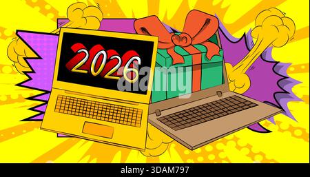 Cartoon Laptop, Comic Notizbuch mit Geschenkbox und Nummer 2026. Retro-Vektor-Comics Pop-Art-Design. Stock Vektor