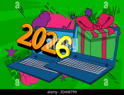 Cartoon Laptop, Comic Notizbuch mit Geschenkbox und Nummer 2026. Retro-Vektor-Comics Pop-Art-Design. Stock Vektor
