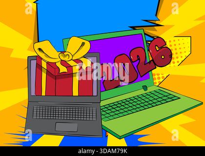 Cartoon Laptop, Comic Notizbuch mit Geschenkbox und Nummer 2026. Retro-Vektor-Comics Pop-Art-Design. Stock Vektor