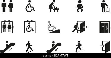 Symbole Für Öffentliche Einrichtungen Und Barrierefreiheit Ausgefüllte Symbolgruppe. Toiletten, Rollstuhlzugang, Wickelfunktion und Exit Symbol Collection. Navigation Und Stock Vektor
