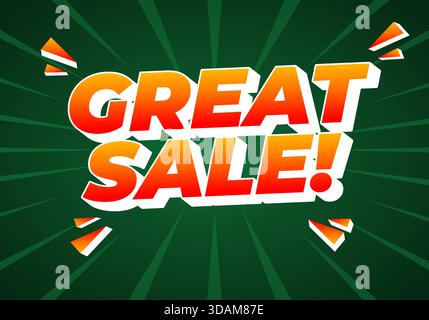 Eine lebendige Grafik mit auffälligem Text mit der Aufschrift „Great Sale“! Mit dynamischen Strahlen im Hintergrund, die Spannung und Dringlichkeit vermitteln. Stock Vektor
