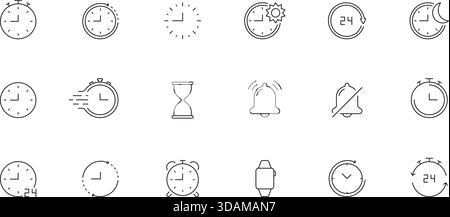 Symbolgruppe Für Zeiterfassung Und Zeiterfassungslinie. Zeiterfassung, Planung Und Erfassung Von Alarmsymbolen. Symbole Für Stoppuhr, Sanduhr Und Smartwatch Stock Vektor