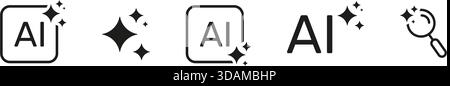 Künstliche Intelligenz Sparkle Stars AI Search Vergrößerungsglaslinie Symbolsatz. Machine Learning Discovery Automation Data Exploration Creative Tools Stock Vektor