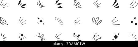 Line Explosion Surprise Burst Ray Icon Elemente. Doodle-Ausrufung Konfetti-Vektor-Illustration. Manga-Comic-Ausdruckssymbole. Symbol „Sonnenaufgang“ Stock Vektor