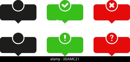 Rahmen Für Sprechblase Mit Statusanzeigen Festgelegt. Sammlung Von Symbolen Für Kommunikation Und Feedback. Häkchen, Kreuz, Ausrufezeichen und Fragezeichen Stock Vektor