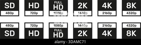 Bildschirmauflösung. Satz Von Symbolen Für Die Videoqualität. HD, FULL HD, UHD, 4K, 8K, SD. HD Quality Set Kollektion. Abbildung Des Isolierten Vektors Stock Vektor