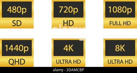 Symbol Für Videoauflösung Eingestellt. Display-Qualität Und Bildschirmauflösung Gold Symbol Collection. Multimedia- Und Technologienutzung. Abbildung Des Isolierten Vektors Stock Vektor