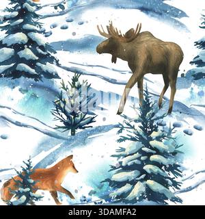 Wasserfarben im Winterwald nahtloses Muster mit Elchen, Fuchs, schneebedeckten Bäumen und fallenden Schneeflocken mit Fußabdrücken im Schnee. Weihnachtsfeiertag Stockfoto