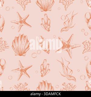 Handgezeichnetes nahtloses Muster aus Seesternen, Muscheln, Korallen, Schwamm und Algen für Textilien, Tapeten, Druck- und Geschenkpapier mit Meeresmotiven Stock Vektor
