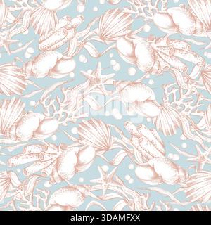 Nahtloses Muster mit handgezeichneten Meerestier- und Pflanzenelementen. Unterwasserwelt-Illustration für Textildruck oder Grußkartendesign. Gliederung Stock Vektor