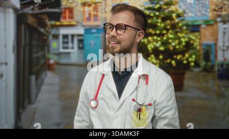 Mann Doktor mit Stethoskop und Laborkitt lächelnd und auf einer nassen Straße in der Nähe einer dekorierten Ladenfront aufblickend; hoffentlich Sorgfalt Vertrauen. Stockfoto