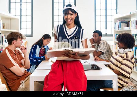 Eine lächelnde junge hispanische Frau, die ein offenes Buch hält und vor einem Tisch steht, mit einer multikulturellen Gruppe von Studenten, die gemeinsam recherchieren und studieren Stockfoto