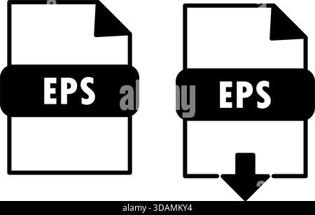 Schwarz-weiße EPS-Dateisymbole mit gefalteter Ecke und Downloadpfeil, die die Funktionalität des Vektorformats und des Dateityps für Grafikdesign darstellen Stock Vektor