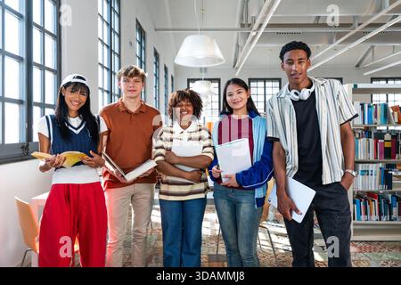 Multiethnische Gruppe junger Studenten, die sich in der Bibliothek treffen - verschiedene Gruppe lächelnder junger Studenten, die in einer Bibliothek stehen, Bücher und Akten halten, r Stockfoto
