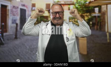 Mann Doktor im Labormantel mit Stethoskop hebt beide Fäuste in einer jubelnden Siegespose auf einer kopfsteingepflasterten Straße; feierliche Hoffnung. Stockfoto