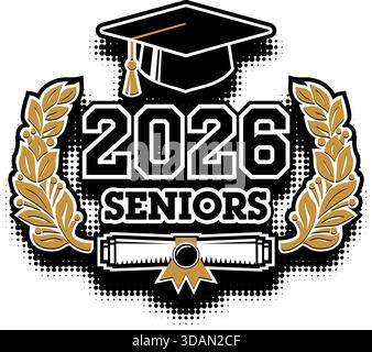 Schriftzug Senior 2026 mit Lorbeerkranz zur Begrüßung, Einladungskarte. Text für Abschlussdesign, Glückwunschveranstaltung, T-Shirt, Party, Highschool Stock Vektor