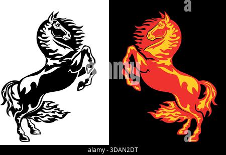 Vektorsilhouette des Pferdes aufziehen. Astrologisches Zeichen, Symbol des chinesischen Neujahrs 2026. Vektor auf transparentem und schwarzem Hintergrund Stock Vektor