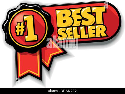 Bestseller-Schild auf rotem Preisband. Vektorelement auf transparentem Hintergrund, um gut verkaufte Produkte auf Ihrer Website, Ihrem Katalog oder Ihrer Werbung hervorzuheben Stock Vektor