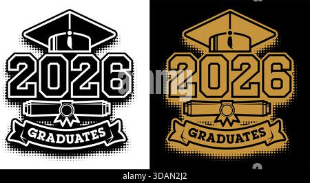 Schriftzug Absolventen Klasse 2026 für Grußkarten, Einladungskarten. Text für Abschlussdesign, Glückwunschveranstaltung, T-Shirt, Party, Highschool oder Coll Stock Vektor