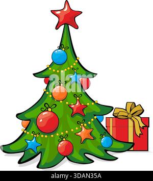 Weihnachtsbaum verziert Stern, Kugeln und Glühbirne Kette mit Geschenk-Box. Flacher Vektor auf transparentem Hintergrund. Stock Vektor