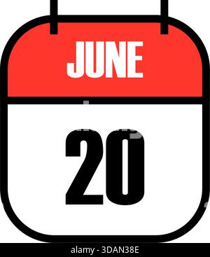 Rot-weißes Kalendersymbol, das den 20. Juni in fettgedruckter schwarzer Schrift zeigt und den Weltflüchtlingstag feiert, um die globale Solidarität zu ehren, Schutz, Stock Vektor