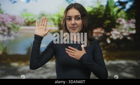 Die Frau hebt die rechte Hand und legt die linke Hand über ihr Herz in einem Wald an einem Teich mit blühenden Sträuchern und grünem Laub; Ehre. Stockfoto