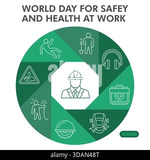 Sammlung oder Skizzen von Symbolen für Sicherheit und Gesundheitsschutz am Arbeitsplatz. Themenblase zum Weltarbeitstag in linearen Schildern für Web und App. Vektorgrafiken isoliert Stock Vektor