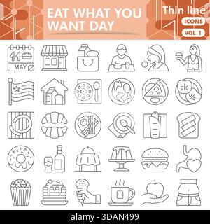 Suchen Sie nach Symbolen oder Skizzen. Symbole für den Fast Food-Tag in dünnen Linien für Web und App. Vektorgrafiken isoliert auf weiß Stock Vektor